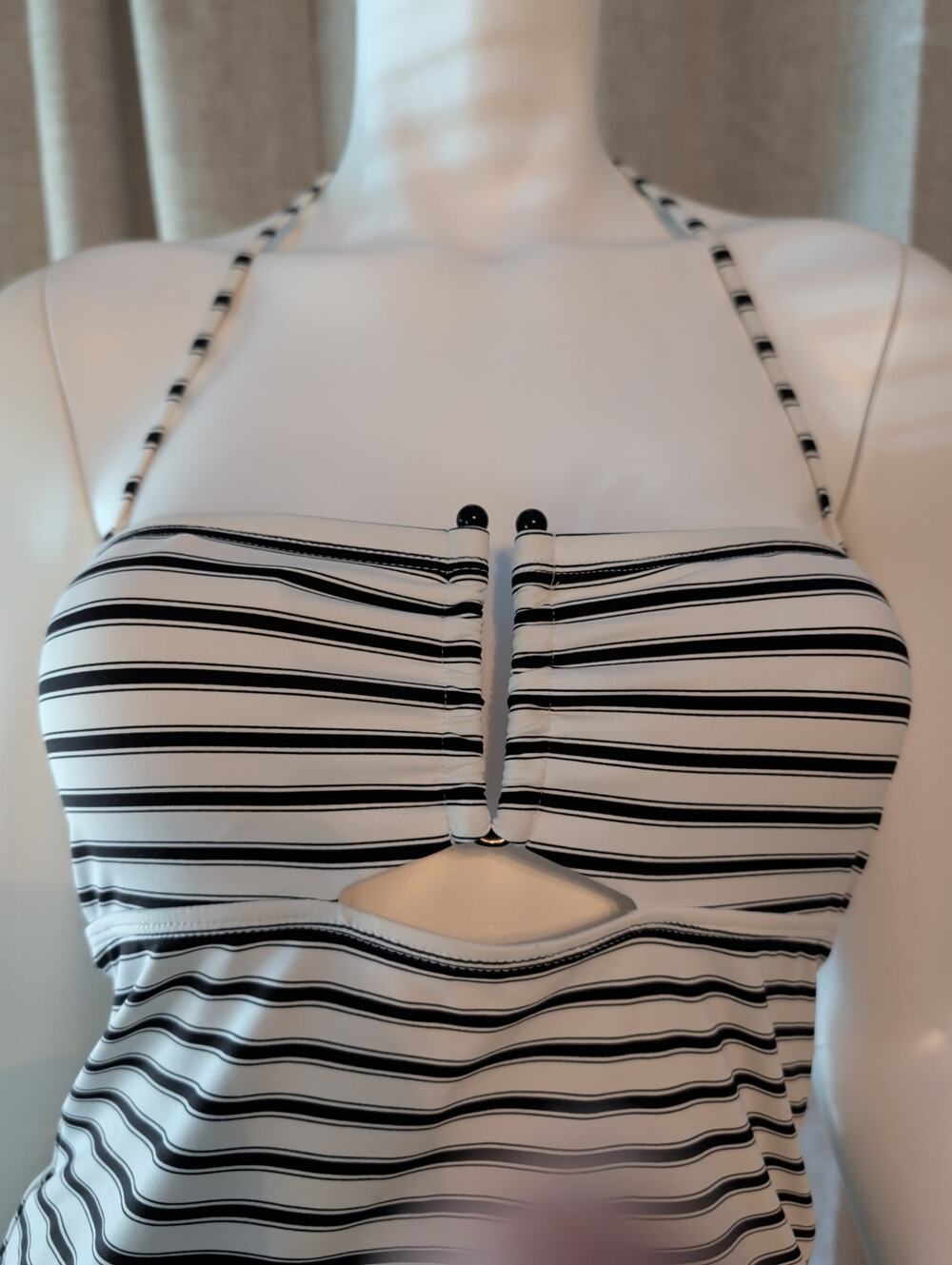 Lauren Ralph Lauren Black White Swim Tankini Top Stripes Halter Strappy Size 6 S